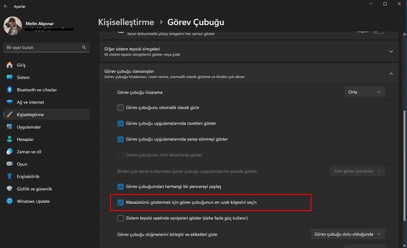 Windows 11'de 'Masaüstünü göster' özelliği kapatılıyor