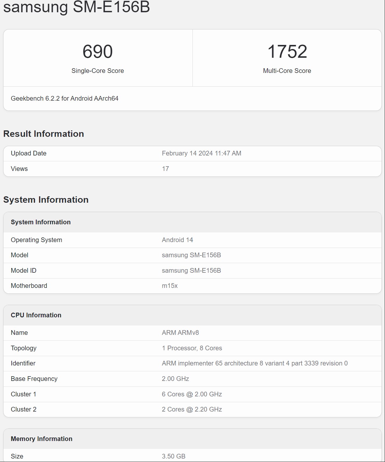 Galaxy F15'in Geekbench sayfası