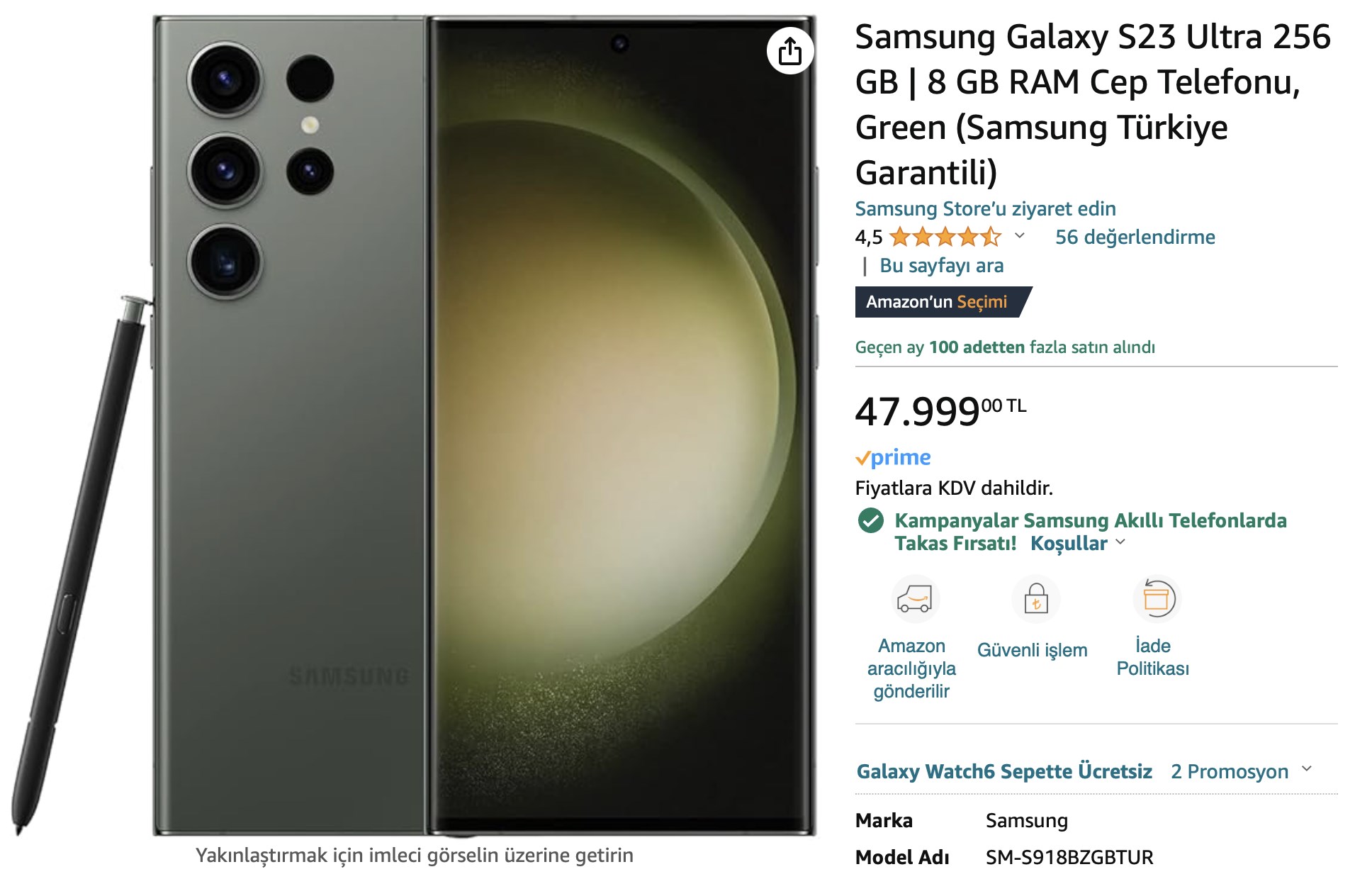 Amazon'da Galaxy S23 Ultra alanlara Galaxy Watch 6 hediye