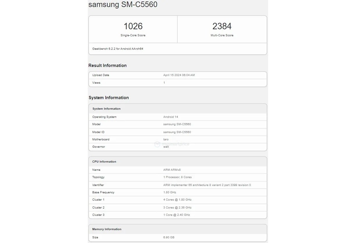 Samsung Galaxy C55, Snapdragon 7 Gen 1 ile Geekbench'te göründü