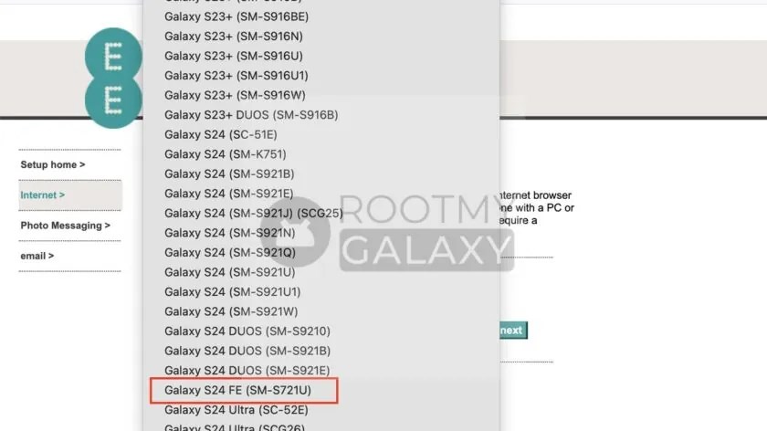 EE veri tabanında görüntülenen Galaxy S24 FE