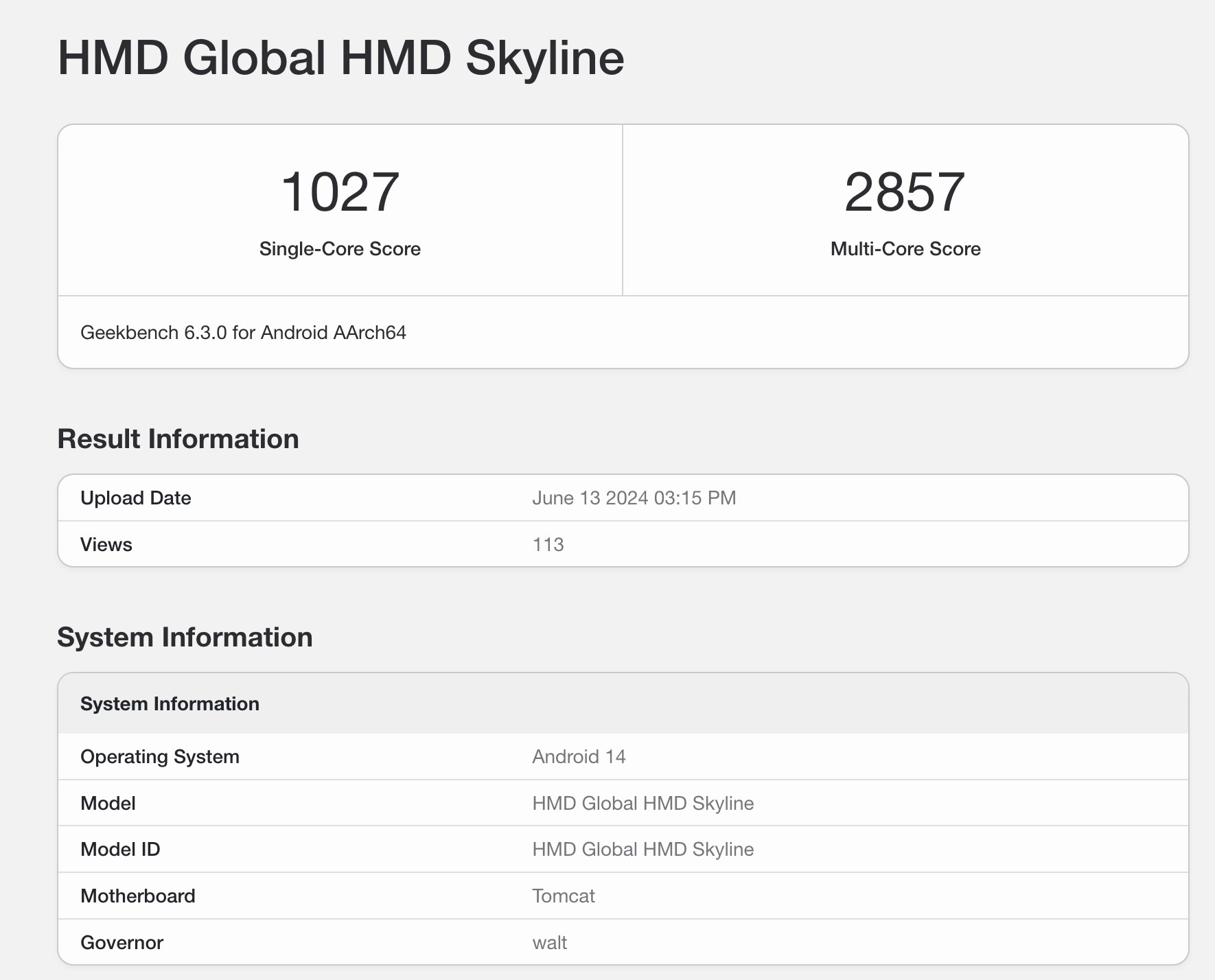 HMD Skyline'ın Geekbench profili