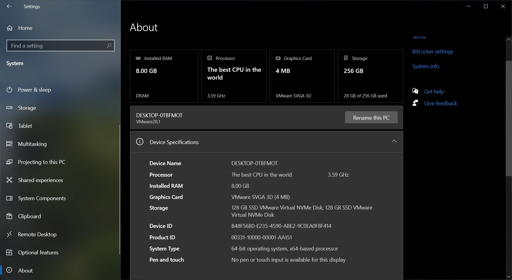 windows 10 yeni hakkında sayfası pc özellikleri