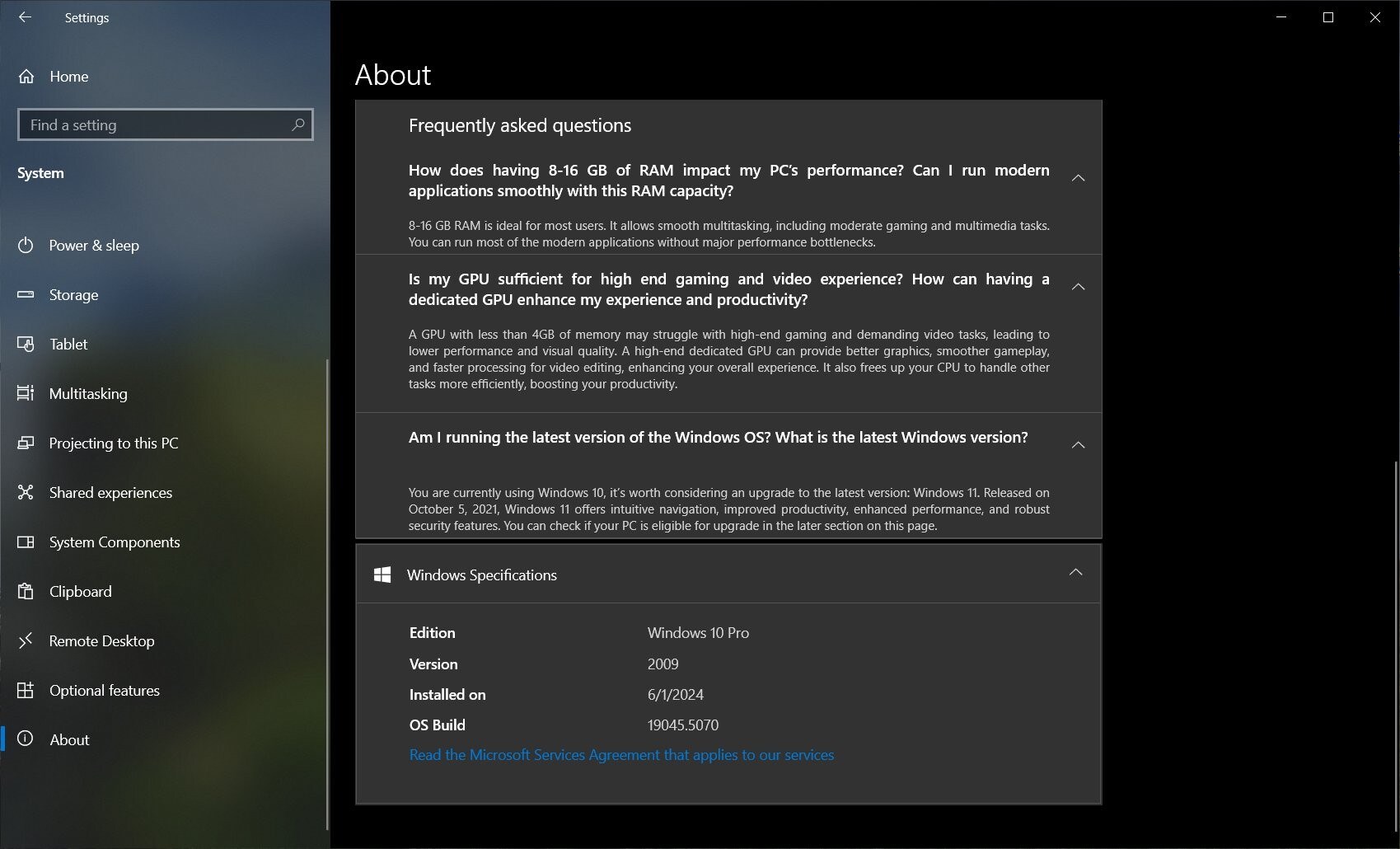 windows 10 sürüm 19045.5070 KB5045594 ayarlar