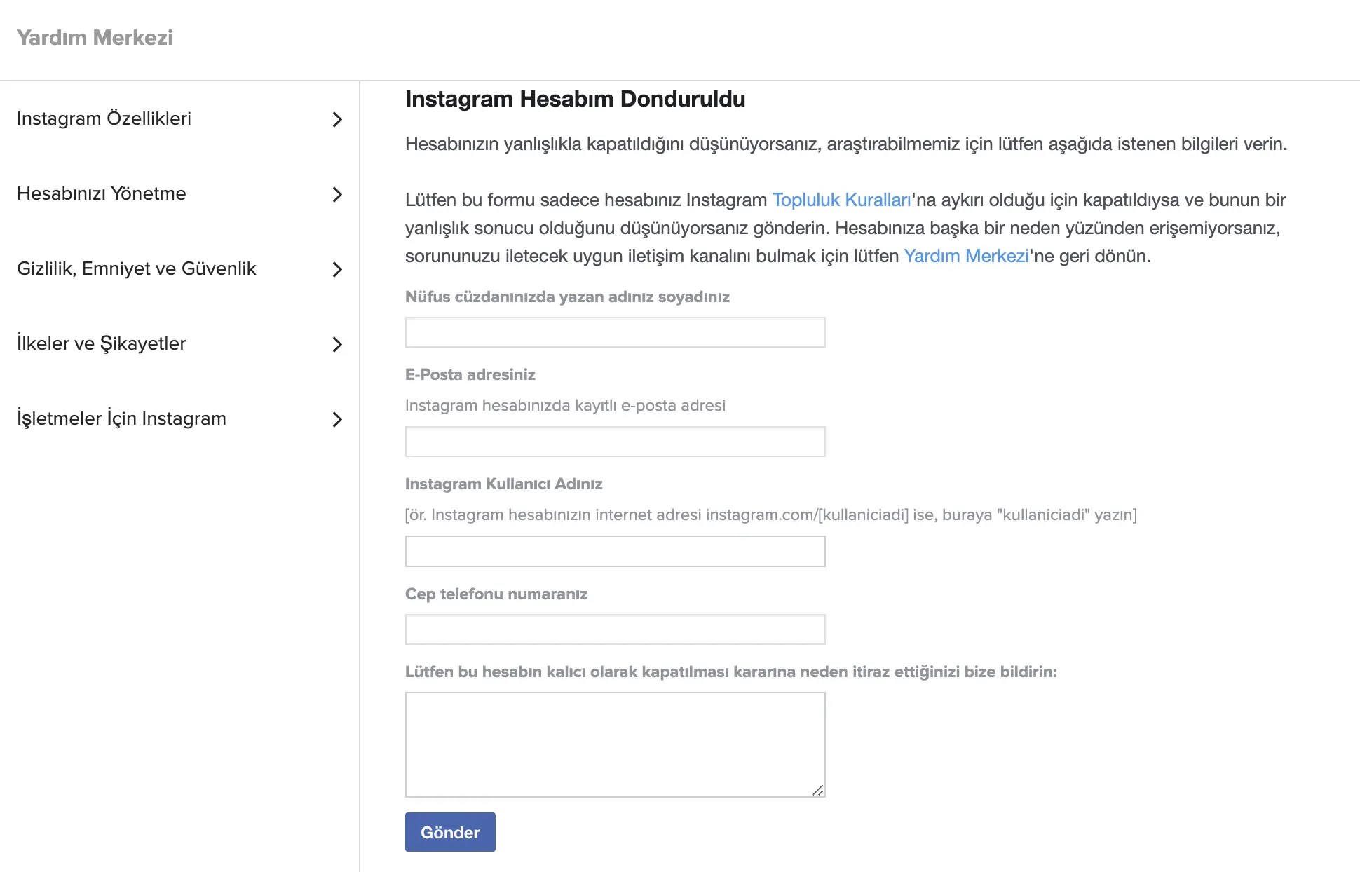 instagram hesabı geri alma formu