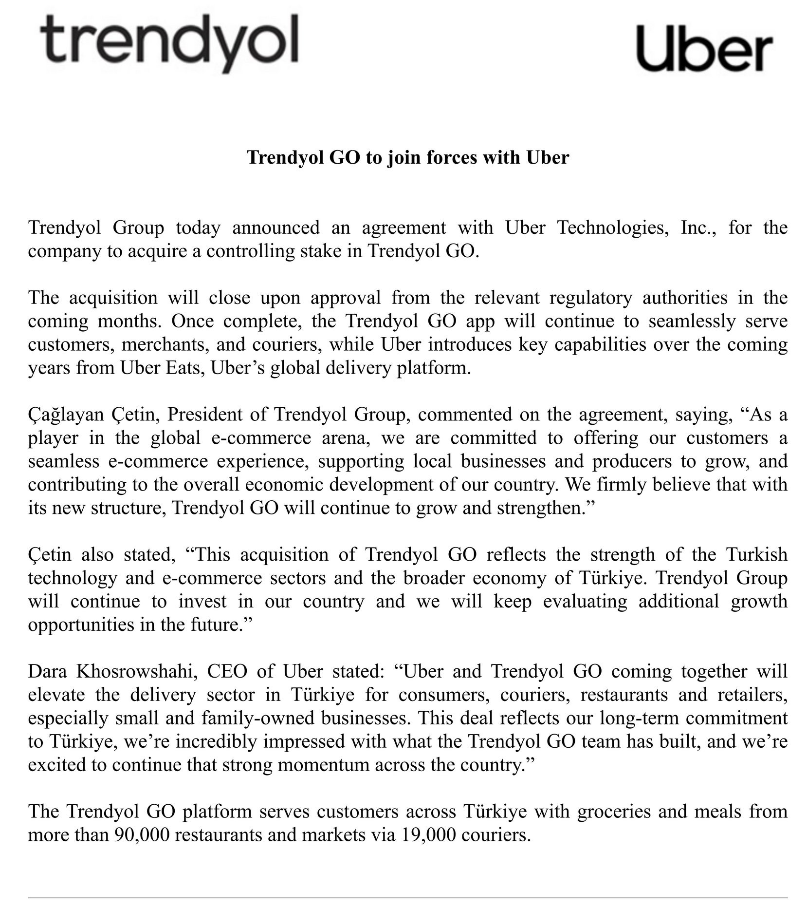 Uber, Trendyol Go’yu 700 milyon dolar satın aldı
