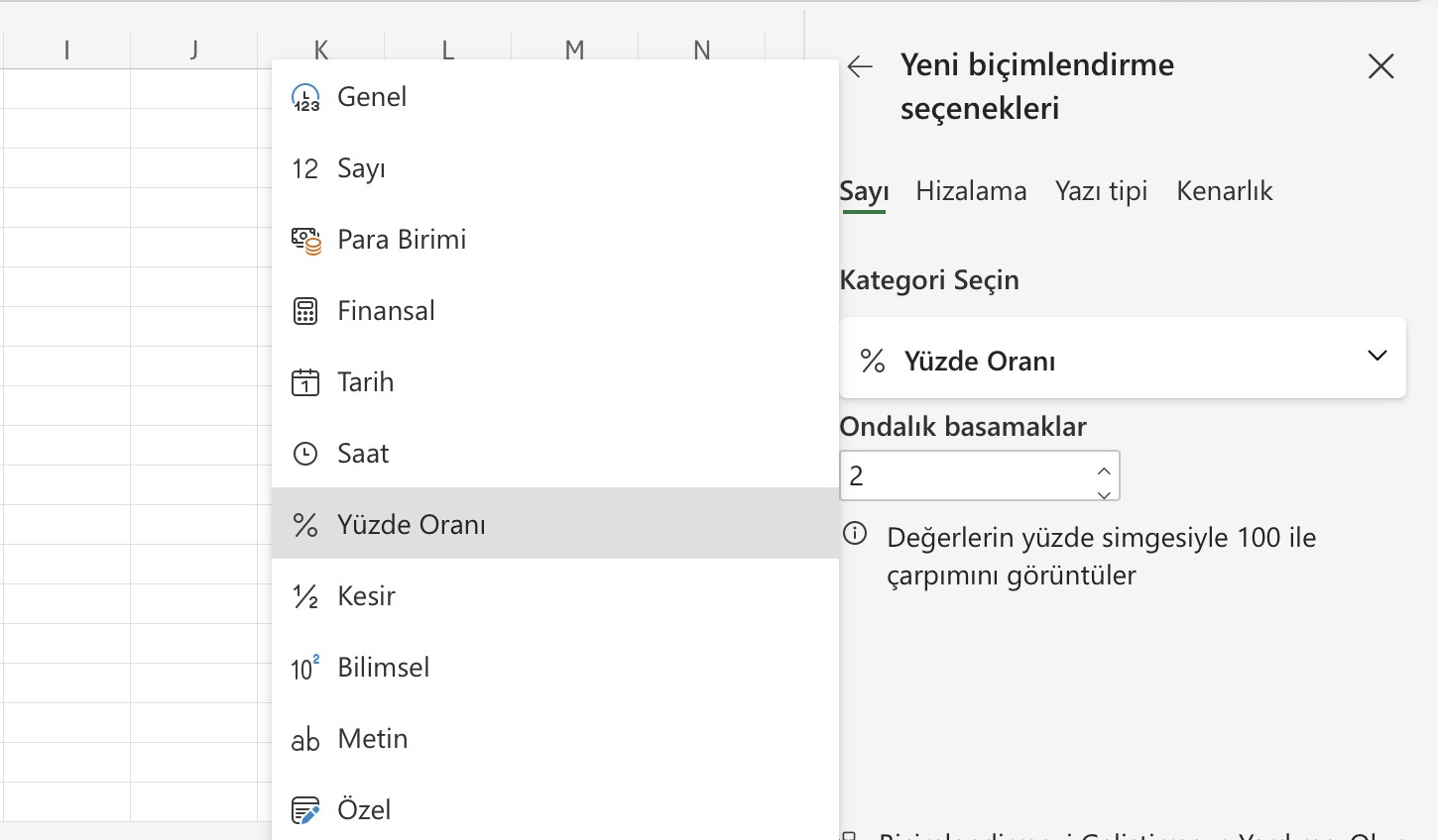 excel hücreyi yüzde olarak biçimlendirme