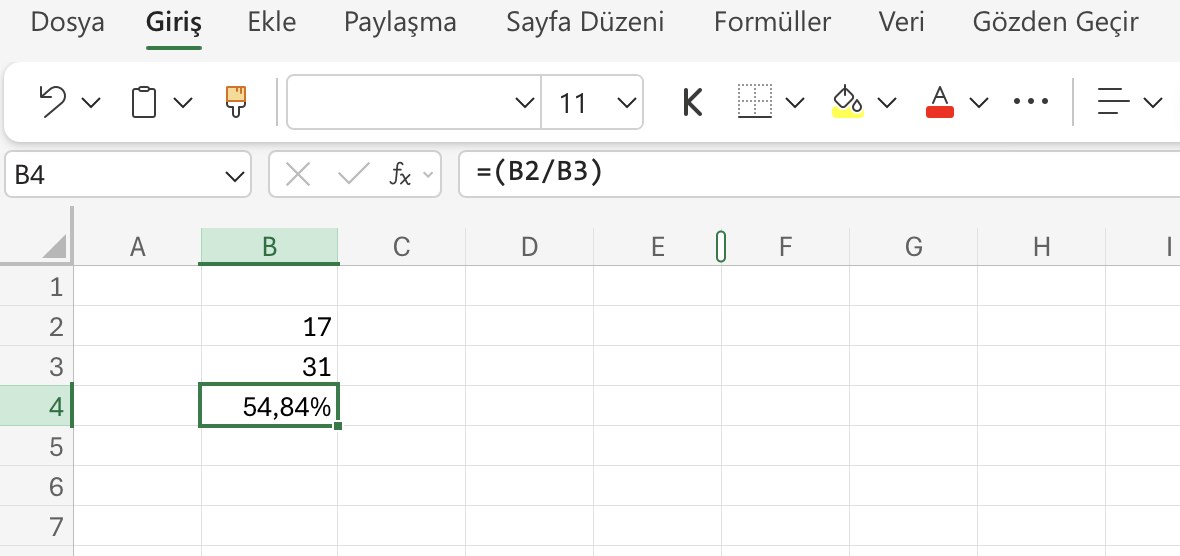 excel yüzde hesaplama formülü