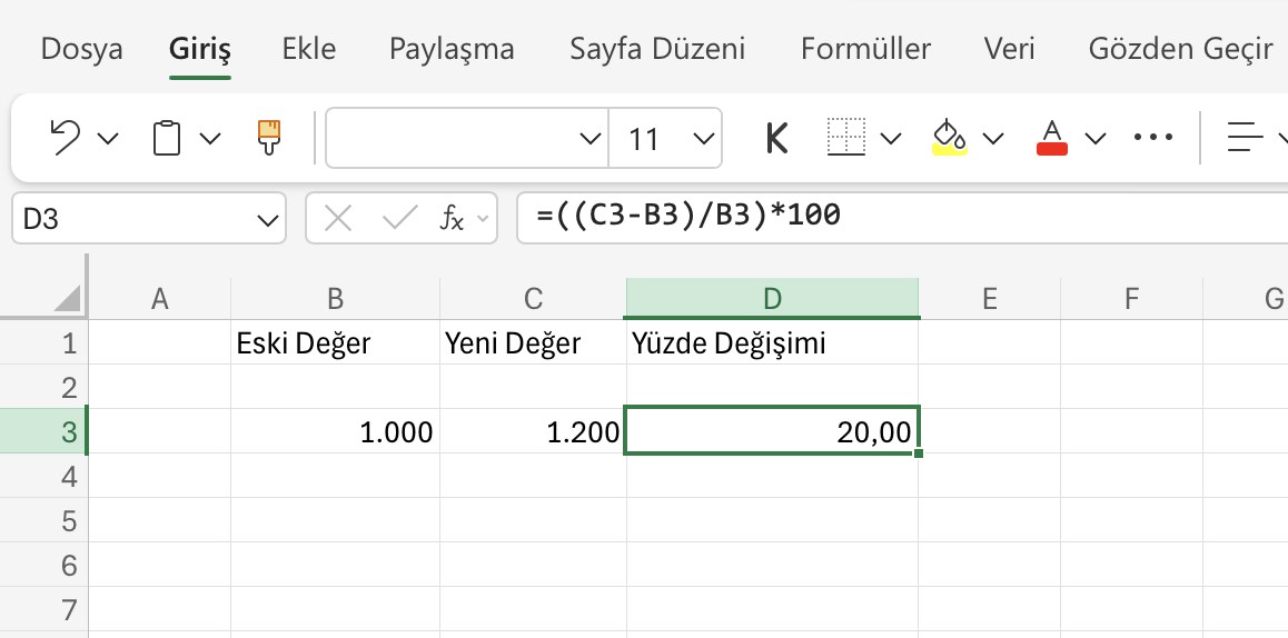 excel yüzde artışı & azalışı hesaplama