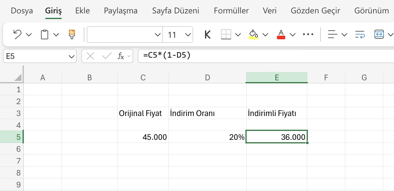 excel yüzde indirim & iskonto hesaplama