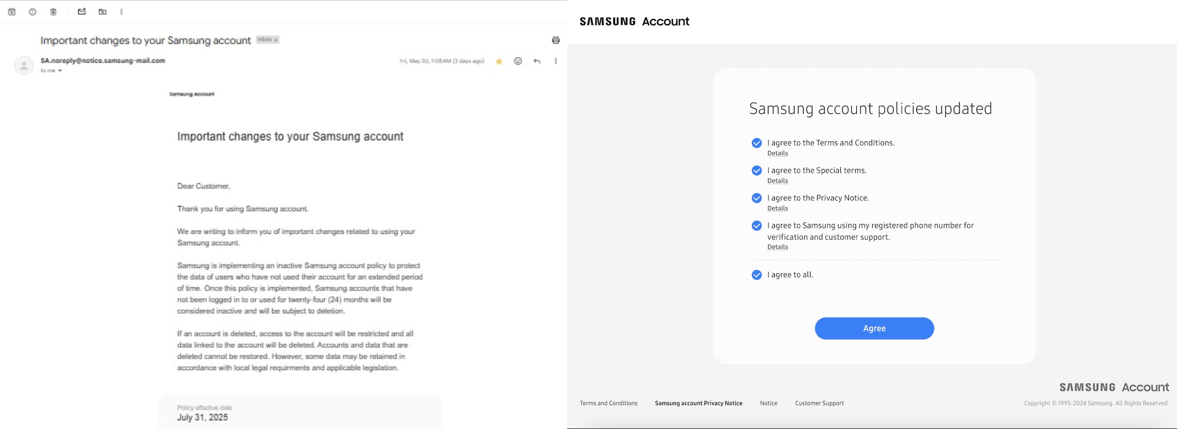 samsung 24 ay/2 yıl aktif olmayan hesaplar silinecek