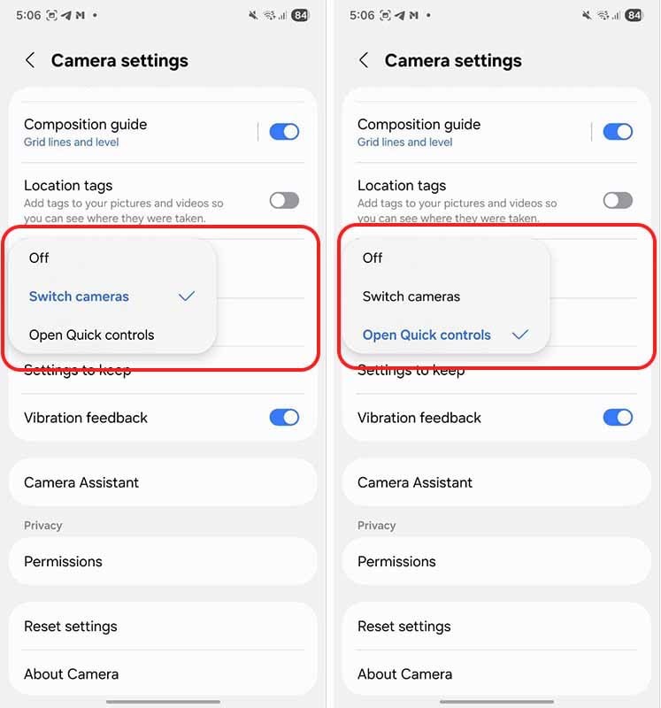One UI 8 kamera kontrolleri kaydırma hareketleri