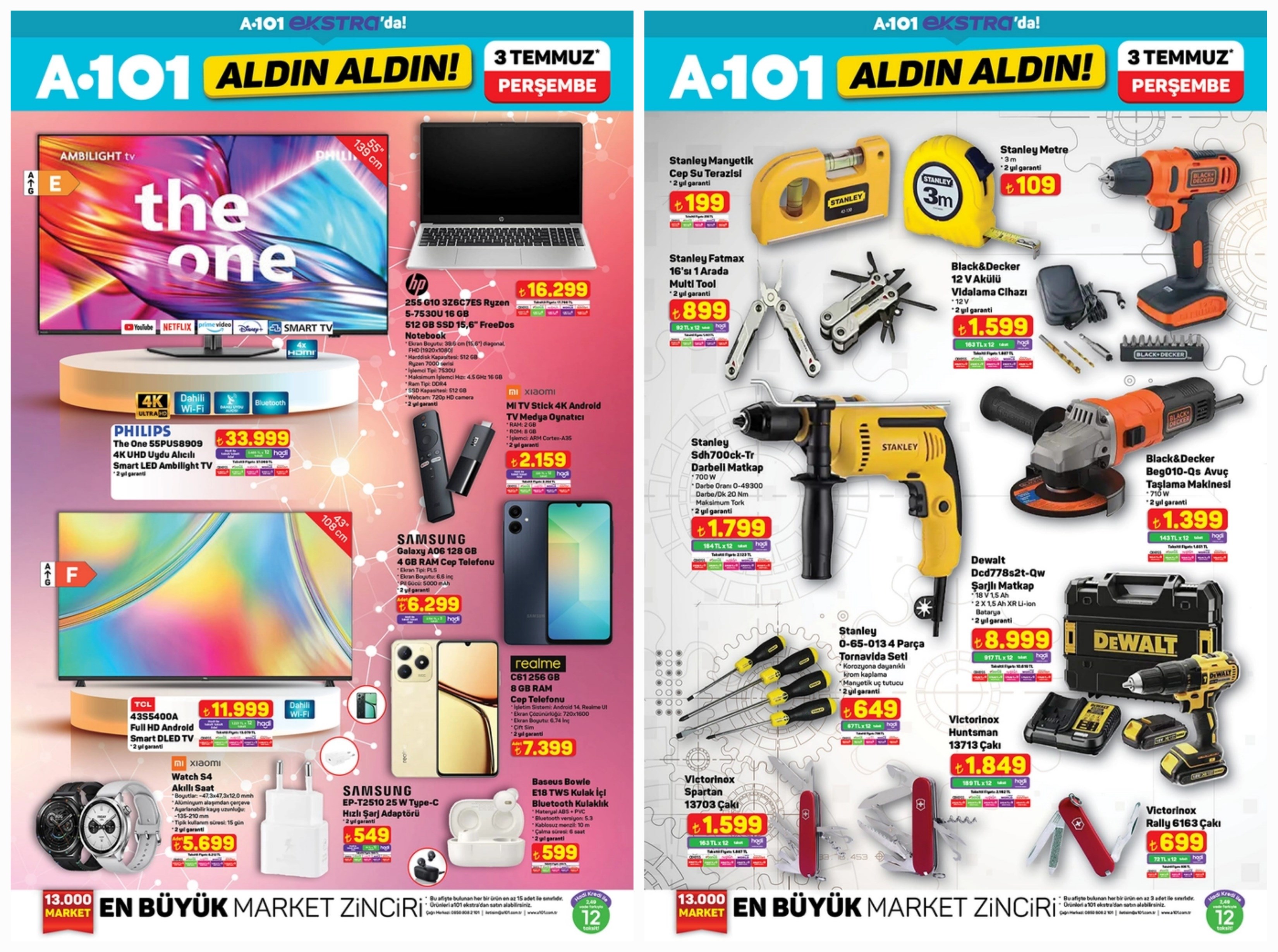 3 Temmuz A101 Ekstra aktüel ürünler kataloğunda popüler Stanley, Black&Decker ve Victorinox markalarına ait tamirat aletleri ve yaşam destek araçları yer alıyor.