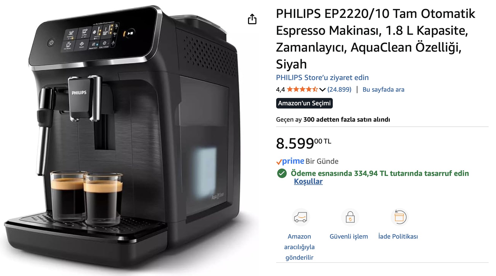 Philips EP2220 Tam Otomatik Espresso Makinesinde yüzde 50 indirim