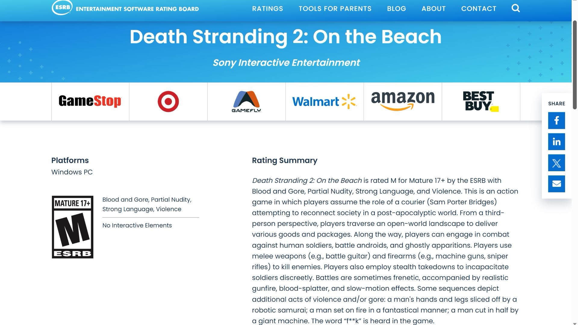 Death Stranding 2 PC ESRB