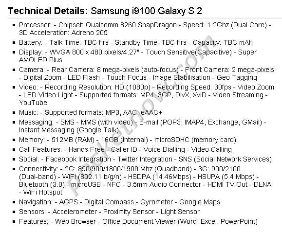 Samsung Galaxy S 2'ye ait olduğu öne sürülen teknik özellik listesi yayınlandı