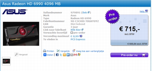 Asus'un Radeon HD 6990 modeli 715 Avro seviyesinden ön-sipariş listelerinde