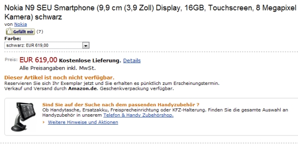 Amazon Almanya, Nokia N9'u 619 Avro seviyesinden ön-siparişe aldı