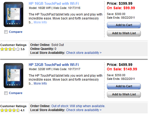HP TouchPad 16 GB'ın fiyatı 99,99$'a, 32 GB'ın fiyatı ise 149,99$'a kadar çekildi