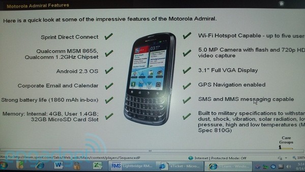 QWERTY klavyeli Motorola Admiral'ın (Pax) teknik özellikleri aydınlanıyor