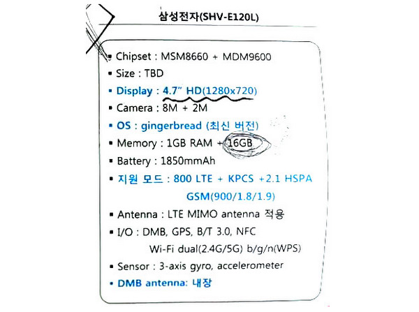4.7-inç HD ekranlı Samsung SHV-E120L'nin teknik özellikleri detaylanıyor