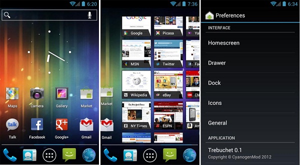 CyanogenMod 9 versiyonunun ana ekran uygulaması Trebuchet erken alfa sürümde ortaya çıktı