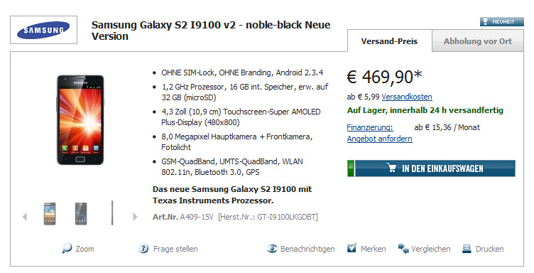 TI OMAP 4430 işlemcili Galaxy S II için Almanya'da ön sipariş alımları başladı