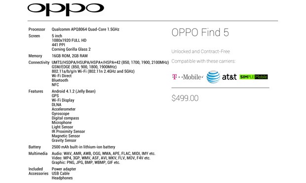 5-inç Full HD ekranlı Oppo Find 5'ın teknik özellikleri ve fiyatı detaylandı