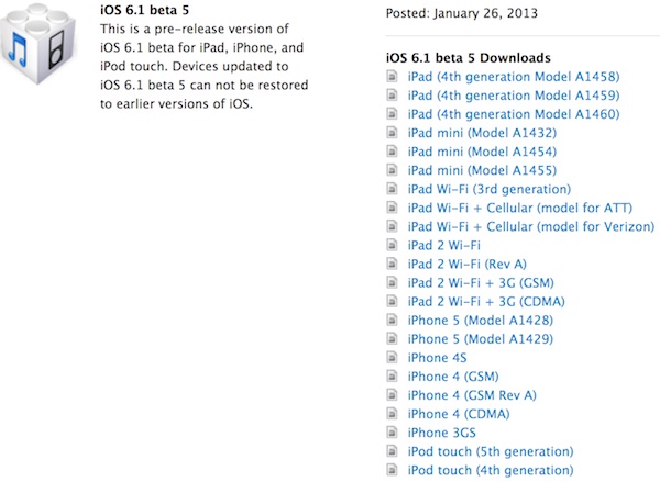 Beşinci iOS 6.1 betası geliştiricilere dağıtılıyor