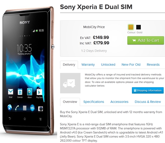 Sony Xperia E Dual, İngiltere'de 179.99 Pound'dan satışa sunuldu