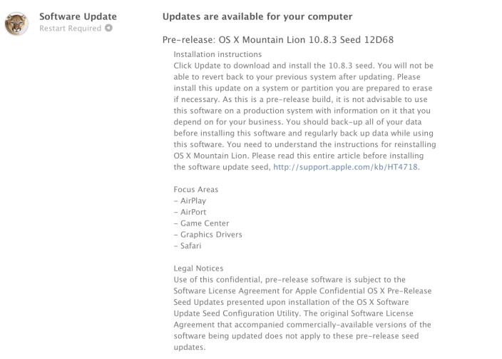 Apple, 10.8.3'ün yeni bir derlemesini (12D68) yayınladı