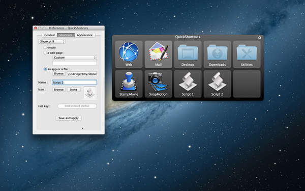 MacOSX sistemler için ücretsiz uygulama başlatıcı: QuickShortcuts