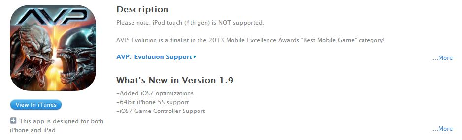 MFi Kontrolcü ve iPhone 5s 64bit destekli ilk oyun App Store'da: AVP Evolution