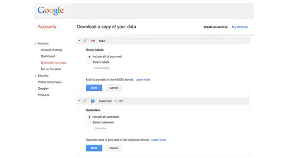 Gmail ve Google Takvim arşivleri artık indirilebilecek
