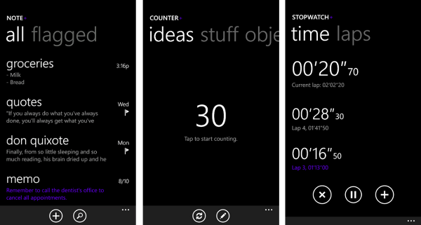 Windows Phone için Note+, Counter+ ve Stopwatch+ ücretsiz