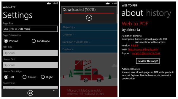 Windows Phone için Web to PDF ile internet sayfalarını PDF'e dönüştürün