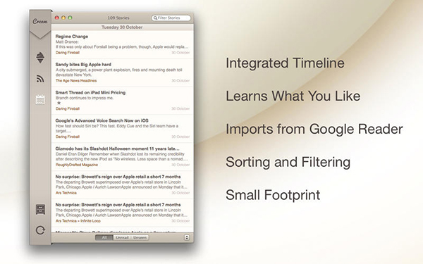 Mac sistemlerle kullanılabilen RSS istemcisi Cream indirime girdi