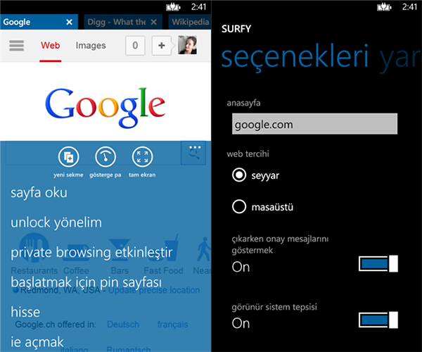 WP8 uyumlu internet tarayıcısı Surfy güncellendi