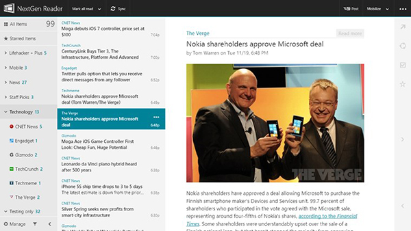 Windows 8'in öne çıkan RSS uygulamalarından Nextgen Reader güncellendi