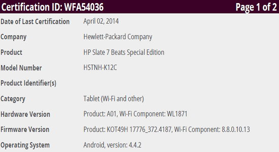 HP Slate 7 Beats Special Edition sertifika onayında ortaya çıktı