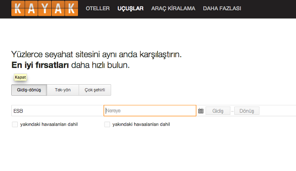 KAYAK artık Türkçe olarak yayında