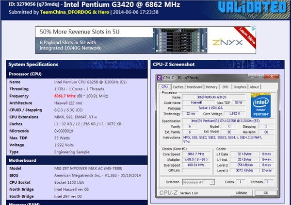 Intel'in Pentium G3258 işlemcisi 6862MHz'e hız aşırtıldı