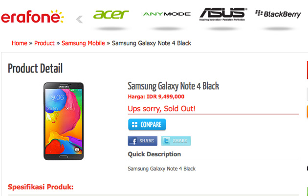 Bir perakendecinin Galaxy Note 4 ön sipariş sayfası 4GB RAM'e işaret ediyor