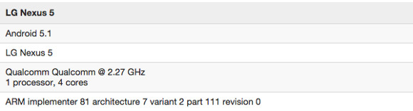 LG Nexus 5 modeli Android 5.1 sürümü ile bechmark testinde görüldü