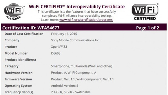 Xperia Z3 Lollipop sürümü Wifi sertifikasında görüldü