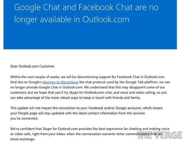 Microsoft, Outlook.com üzerindeki Google ile Facebook sohbet özelliklerini kaldırıyor