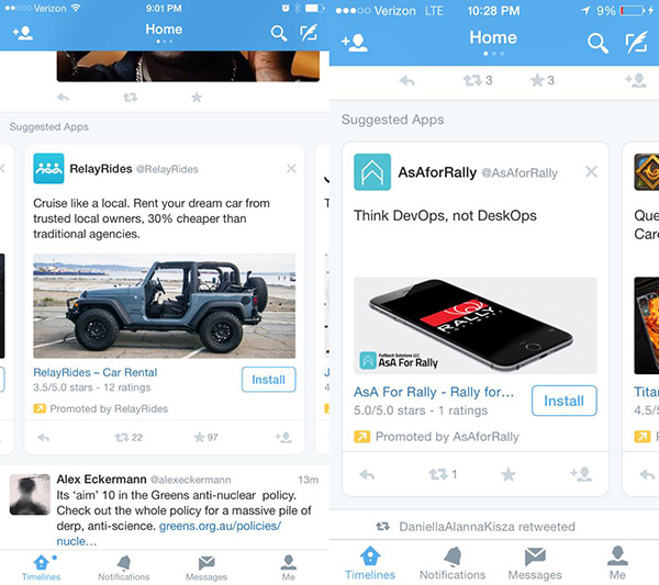 Twitter, büyütülmüş 'önerilen uygulamalar' reklamlarını test ediyor