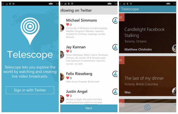 Periscope alternatif uygulaması Telescope, Windows Phone için yayımlandı