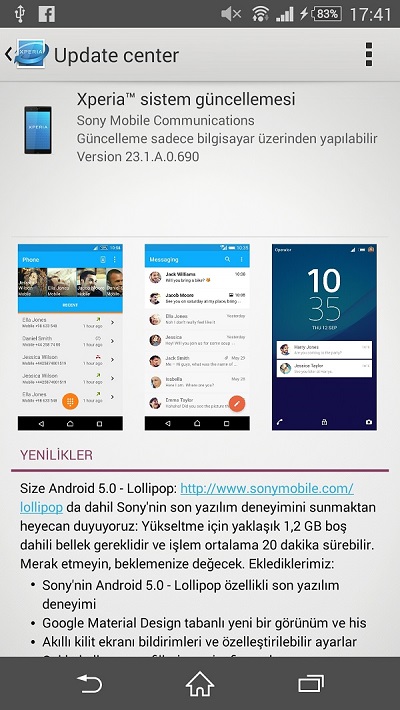 Türkiye'deki Xperia Z2 cihazları için Android 5.0 Lollipop güncellemesi yayınlandı