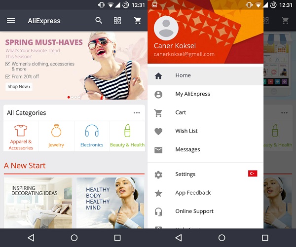 AliExpress Android uygulaması Materyal tasarım anlayışına uygun olarak güncellendi